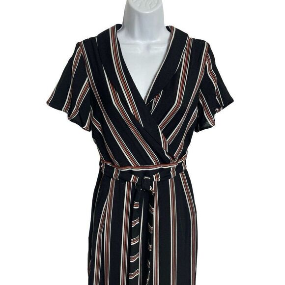 June & Hudson Striped Jumpsuit Womens Size S Black Belted Zip Side - Picture 2 of 7